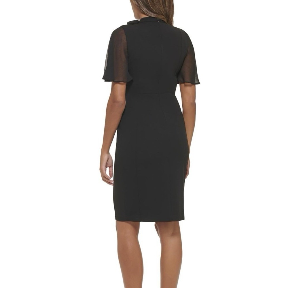 Calvin Klein Black Bow Neck Chiffon Sleeve Stretch Crepe Sheath Dress Size 12 - Picture 3 of 12